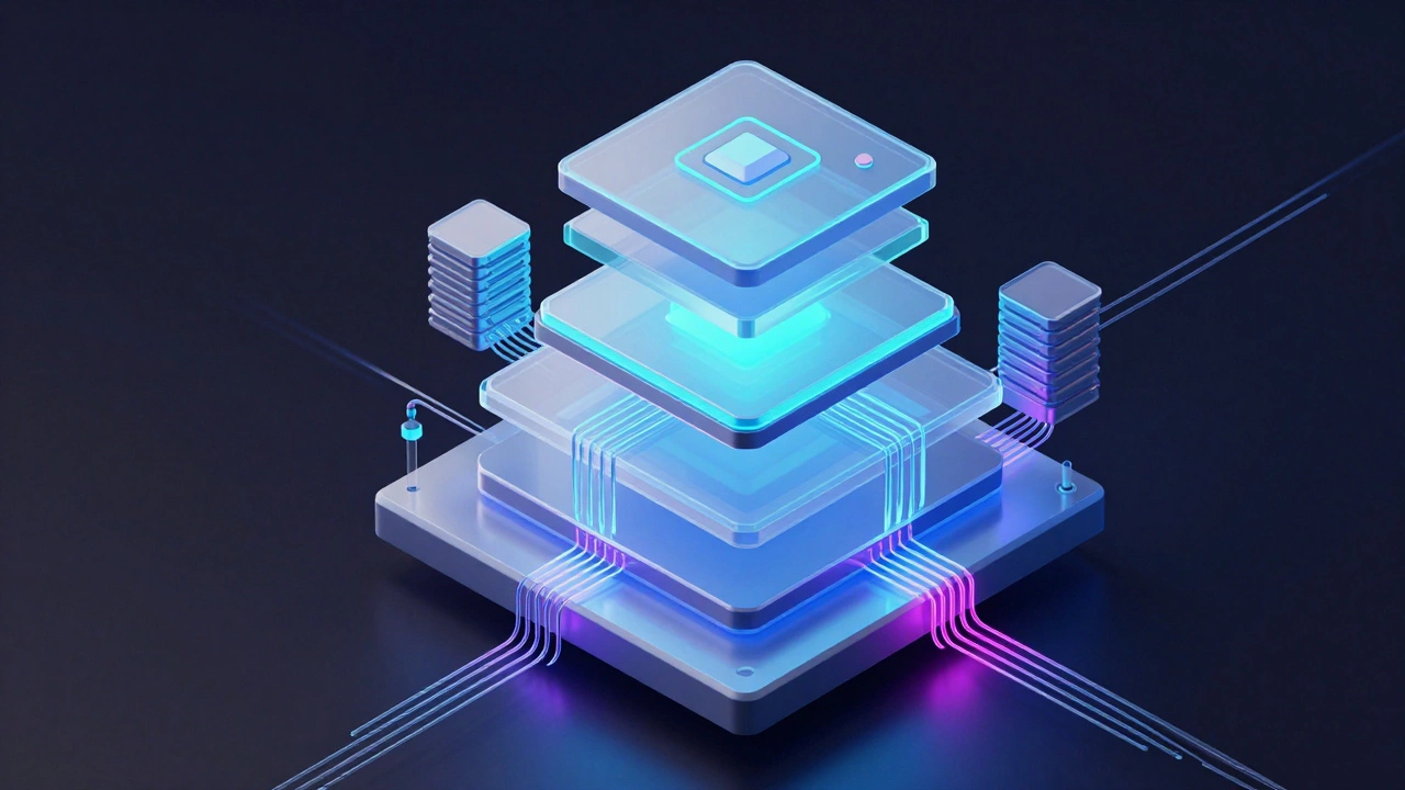 Изометрическая 3D модель серверной структуры с неоновым светом.