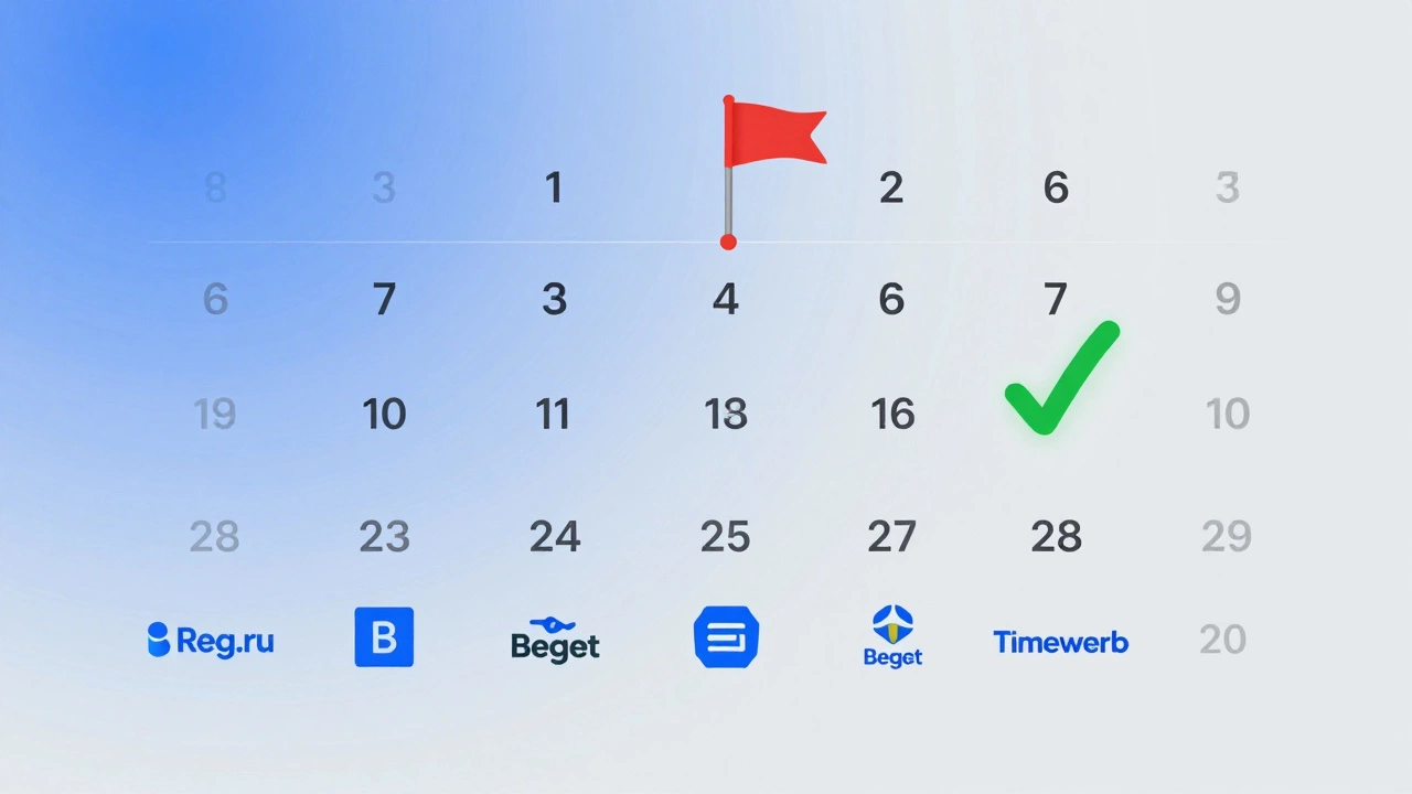 Календарь с предупреждением о продлении домена и значком автопродления, логотипы российских регистраторов.