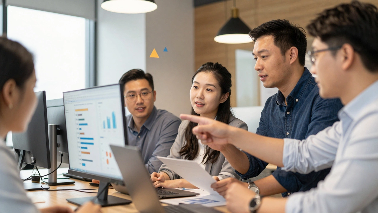 Команда обсуждает аналитику в офисе