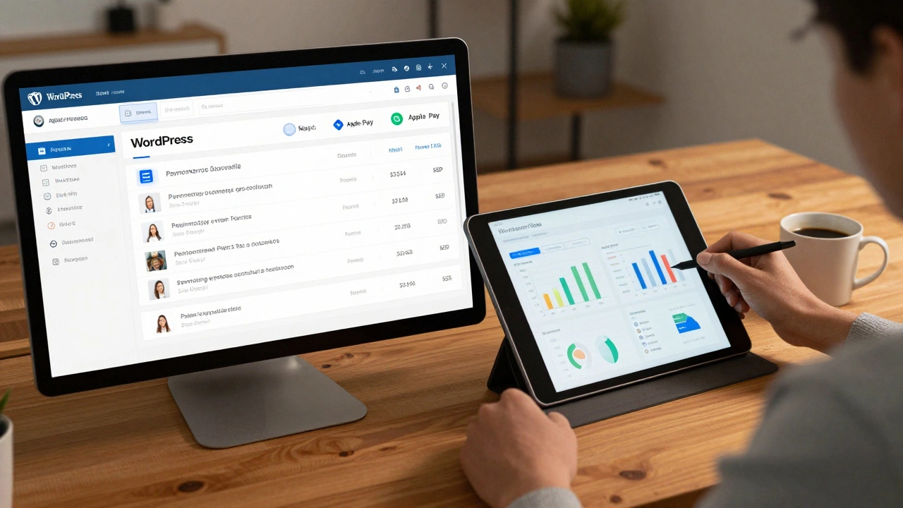 Панель WordPress с интернет-магазином и интеграциями оплаты на фоне предпринимателя за столом.