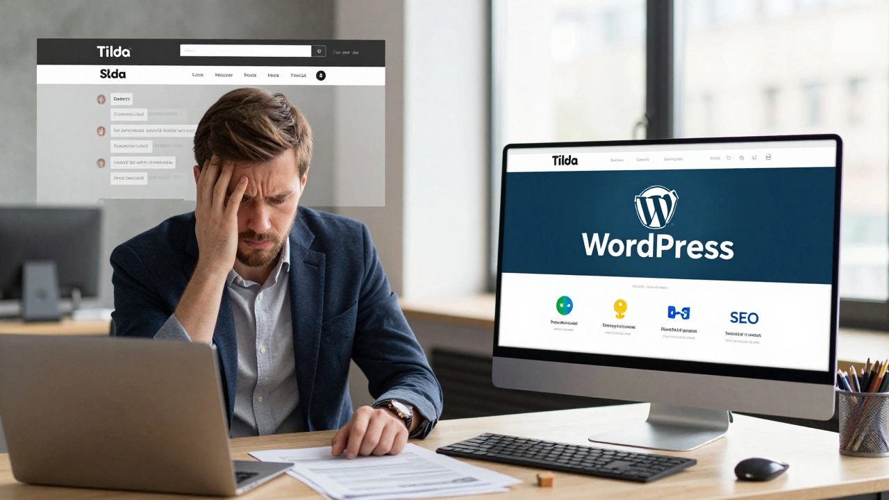 Сравнение медленного сайта Tilda и быстрого WordPress на одном экране в офисе в Москве.