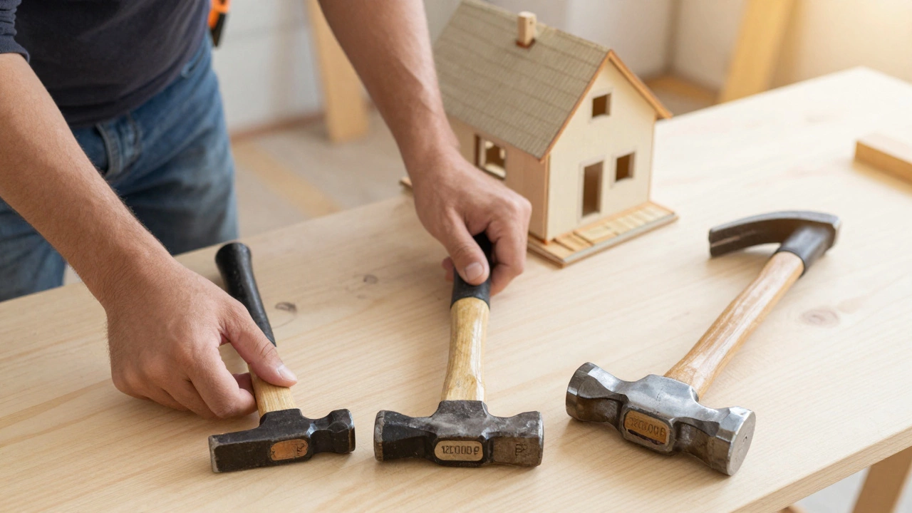 Три молотка разной цены на верстаке, символизирующие инвестиции в лендинг: дешевый, средний и профессиональный.