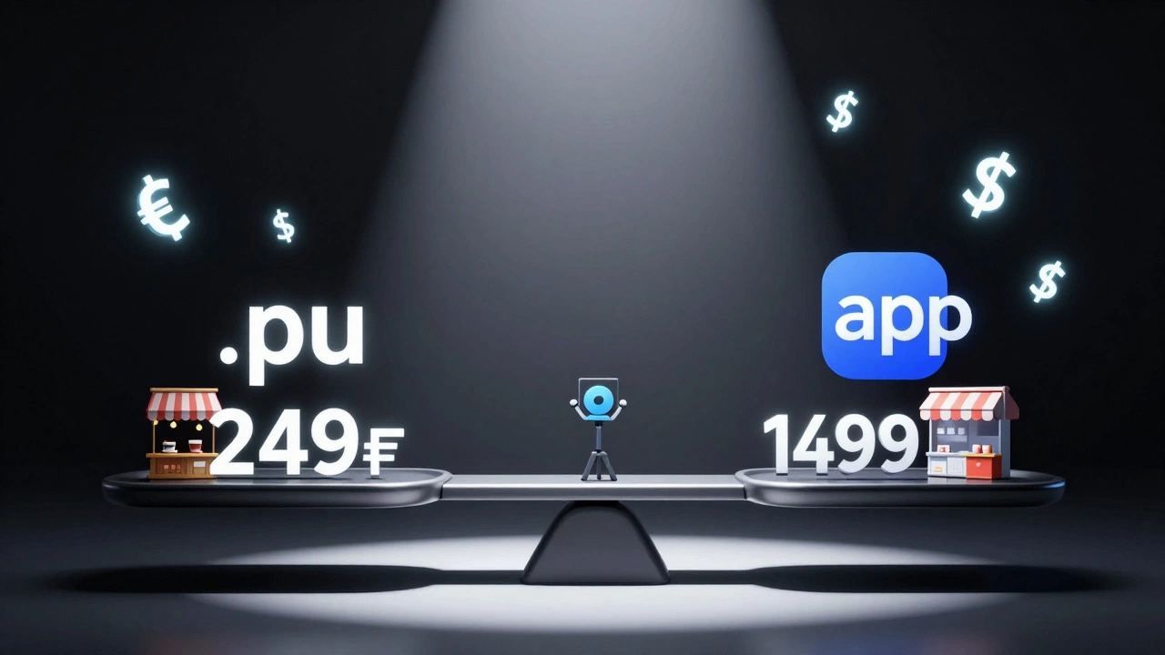 Весы сравнивают стоимость домена .ru и .app, рядом — иконки бизнесов, цифры светятся в темноте.