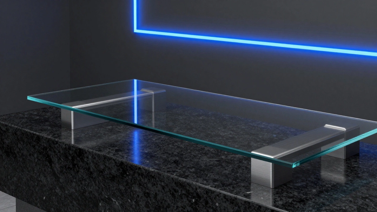 Детали интерьера хай-тек: сочетание стекла, хрома и неоновой синей подсветки на сером фоне