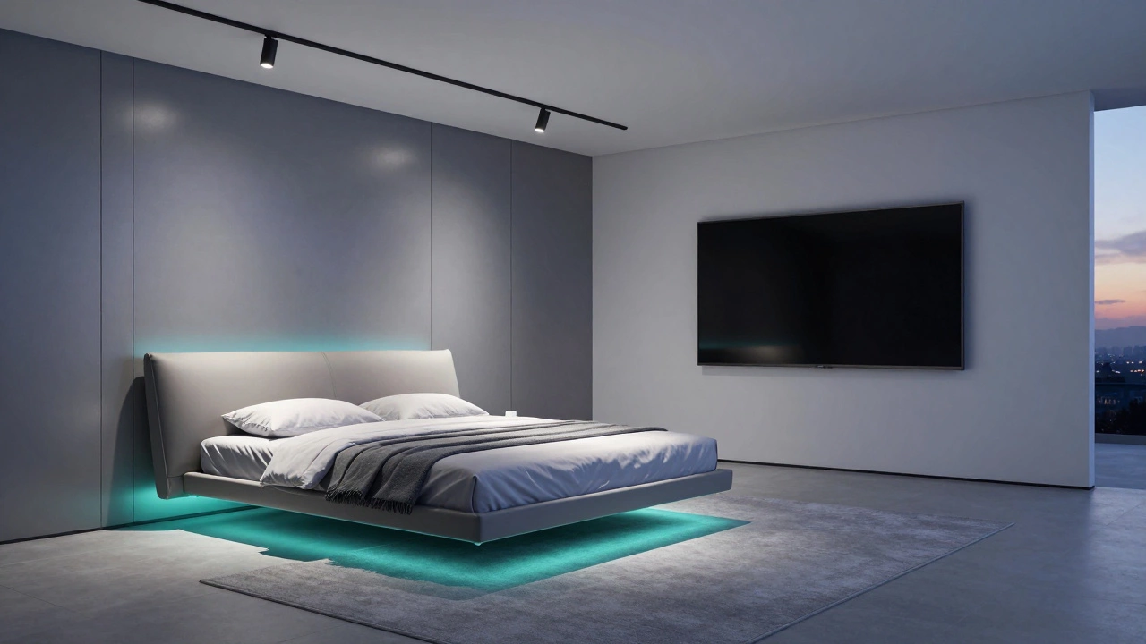 Футуристичная спальня с умным освещением, парящей кроватью и встроенным OLED-экраном