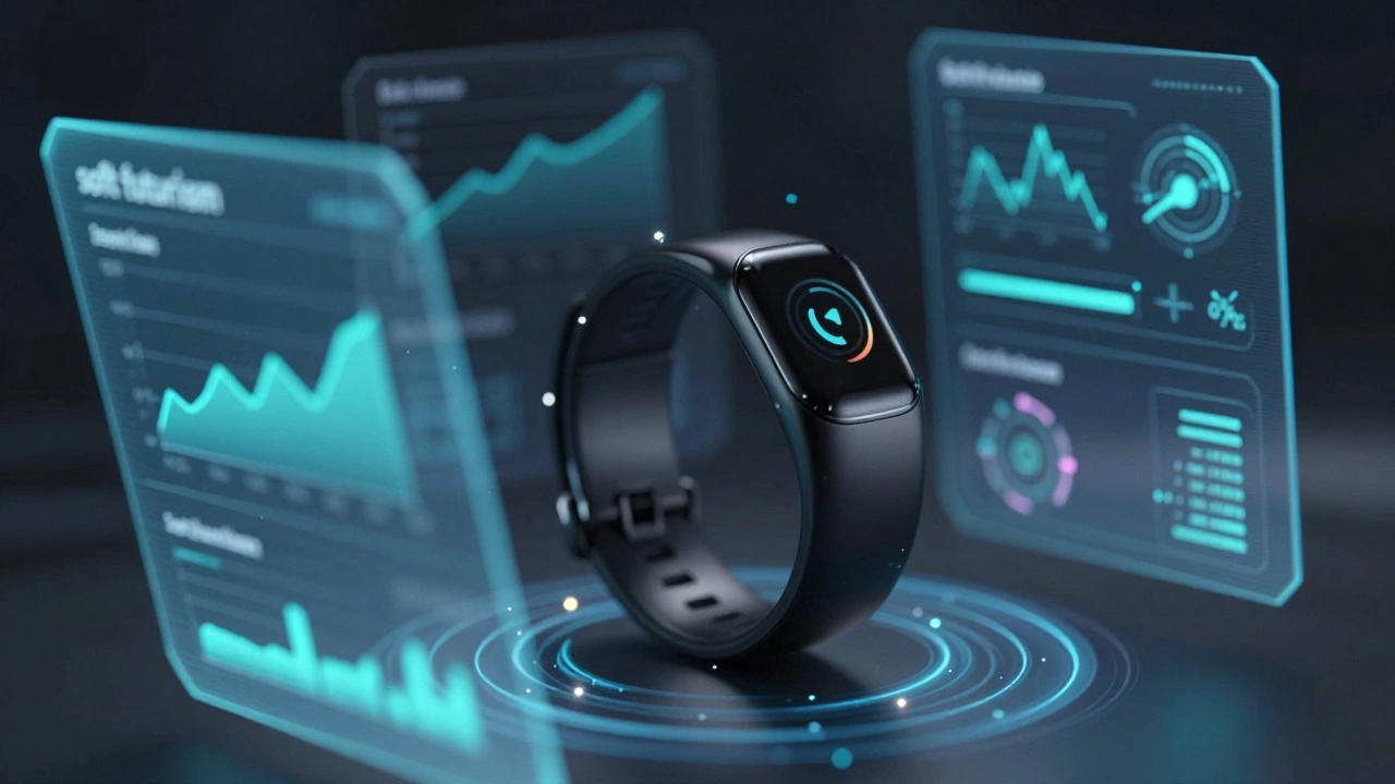 Интерфейс магазина биохакинга с умным кольцом и голографическими графиками