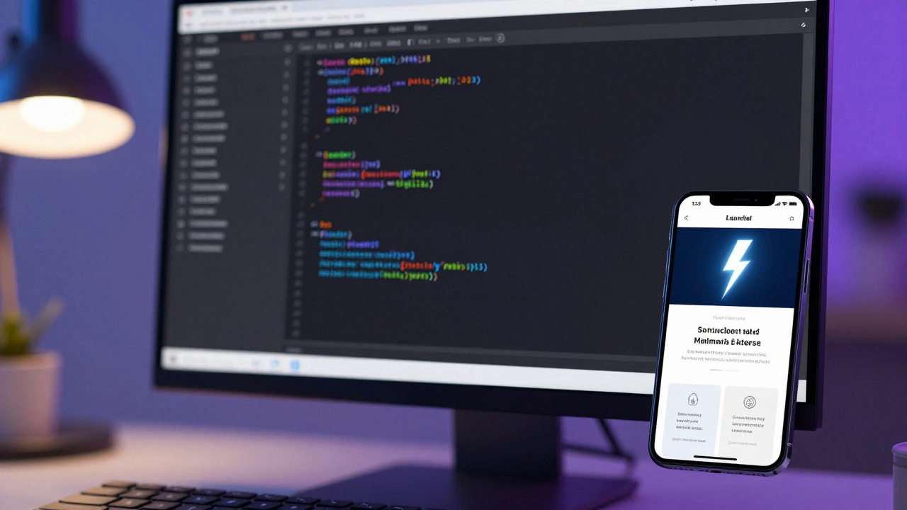 Код HTML5 в редакторе на мониторе и готовый быстрый сайт на экране смартфона