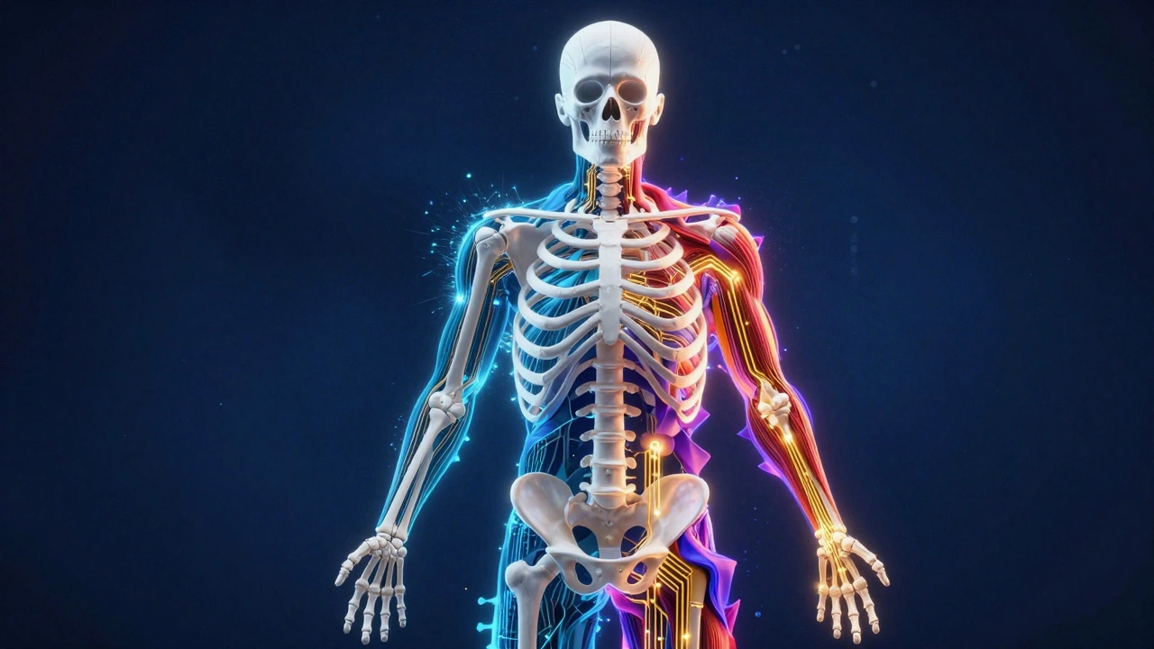 Концептуальное изображение структуры сайта: скелет HTML, кожа CSS и мышцы JavaScript