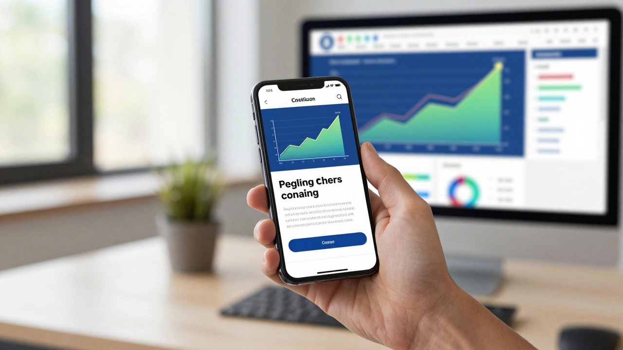 Смартфон с адаптивным лендингом и график конверсии на мониторе в современном офисе